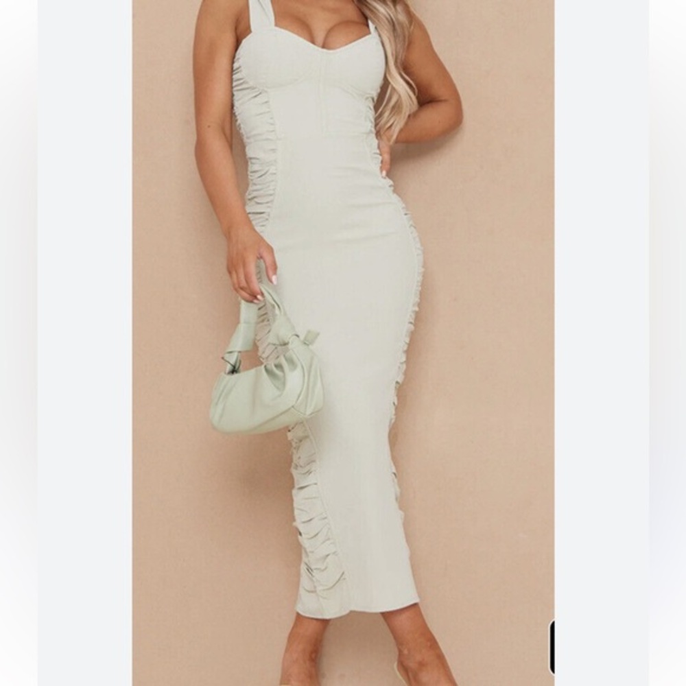 Pretty little thing, sage, corset detail ruched dress